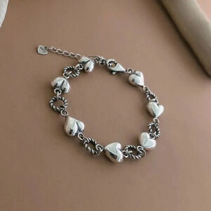 925 Sterling Silver Chunky Heart Bracelet Dangle Heart Link Bracelet
